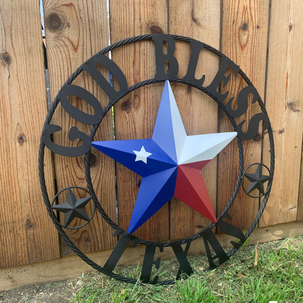 GOD BLESS TEXAS RED WHITE BLUE BARN METAL STAR BRONZE TWISTED ROPE RING WALL ART WESTERN HOME DECOR HANDMADE