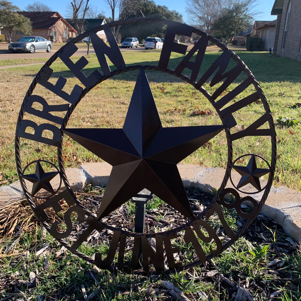 BREEN FAMILY STYLE CUSTOM NAME STAR BARN METAL STAR 3d TWISTED ROPE RING WESTERN HOME DECOR RUSTIC BROWN HANDMADE 24",32",36",50"