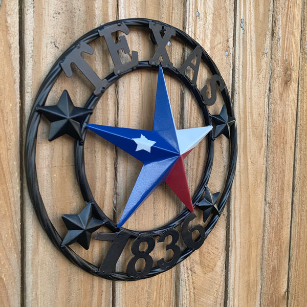 TEXAS FLAG STAR RED WHT BLUE STAR & BLACK RING METAL BARN LONE STAR WESTERN HOME DECOR HANDMADE NEW 12",18",24",36",50"