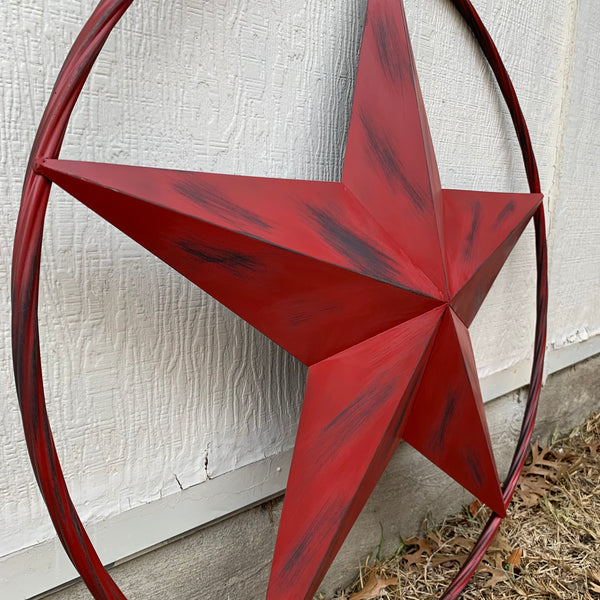 RED DISTRESSED STAR TWO TONE TEXTURE BARN STAR METAL LONESTAR TWISTED ROPE RING WESTERN HOME DECOR HANDMADE NEW