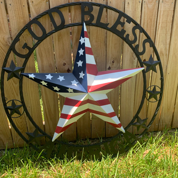 GOD BLESS AMERICA USA FLAG 3d STAR METAL BARN STAR LONE STAR TWISTED ROPE RING WALL ART WESTERN HOME DECOR RED WHITE & BLUE HANDMADE NEW #EH10490