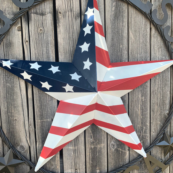 GOD BLESS AMERICA USA FLAG 3d STAR METAL BARN STAR LONE STAR TWISTED ROPE RING WALL ART WESTERN HOME DECOR RED WHITE & BLUE HANDMADE NEW #EH10490