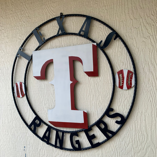 TEXAS RANGERS CUSTOM METAL VINTAGE CRAFT TEAM SIGN WHITE & RED & NAVY BLUE RING HANDMADE