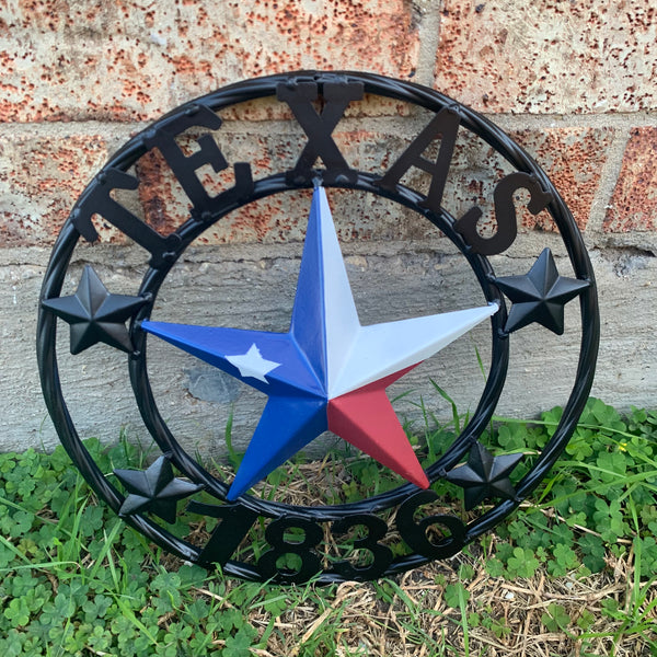 TEXAS FLAG STAR RED WHT BLUE STAR & BLACK RING METAL BARN LONE STAR WESTERN HOME DECOR HANDMADE NEW 12",18",24",36",50"