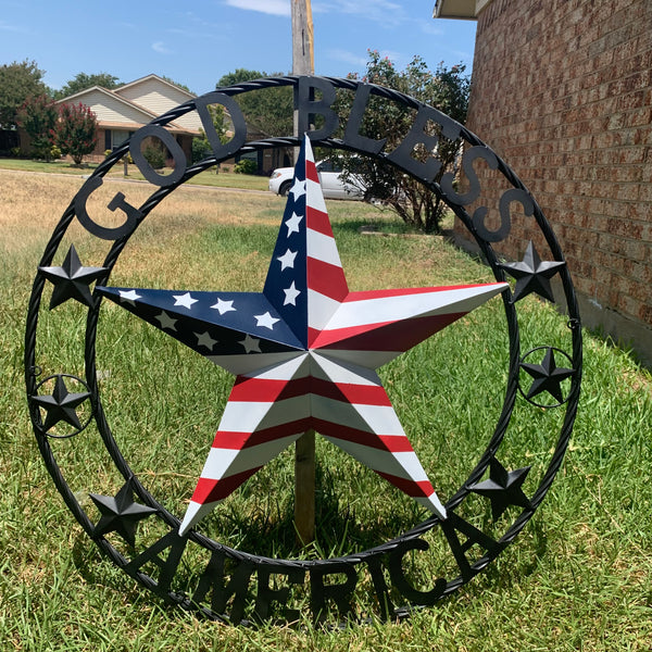 GOD BLESS AMERICA USA FLAG 3d STAR METAL BARN STAR LONE STAR TWISTED ROPE RING WALL ART WESTERN HOME DECOR RED WHITE & BLUE HANDMADE NEW #EH10490