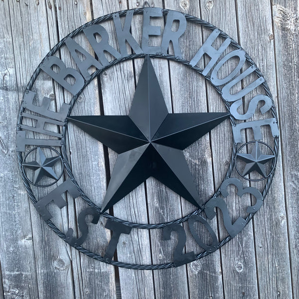 BARKER STYLE CUSTOM NAME STAR BARN METAL STAR 3d TWISTED ROPE RING LONESTAR WESTERN HOME DECOR RUSTIC BLACK HANDMADE 24",32",36",50"