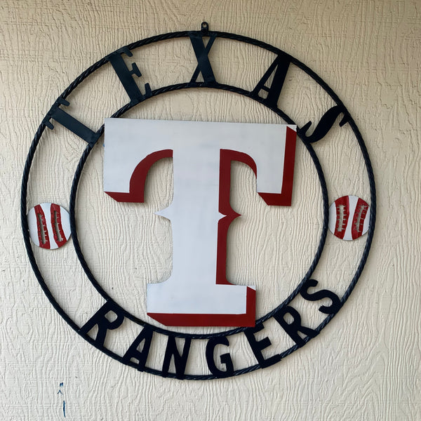 TEXAS RANGERS CUSTOM METAL VINTAGE CRAFT TEAM SIGN WHITE & RED & NAVY BLUE RING HANDMADE