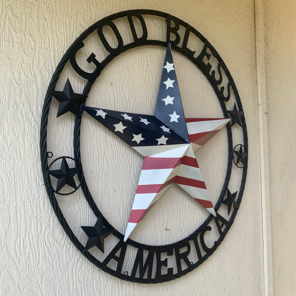 GOD BLESS AMERICA USA FLAG 3d STAR METAL BARN STAR LONE STAR TWISTED ROPE RING WALL ART WESTERN HOME DECOR RED WHITE & BLUE HANDMADE NEW #EH10490