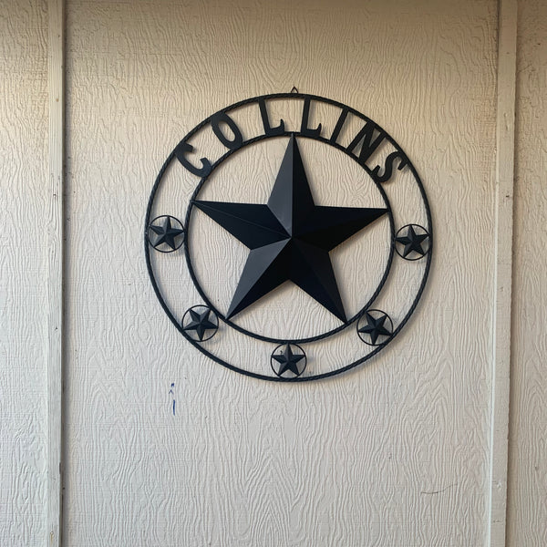 COLLINS STYLE CUSTOM STAR NAME BARN METAL STAR 3d TWISTED ROPE RING WESTERN HOME DECOR RUSTIC  BLACK HANDMADE 24",32",36",50"