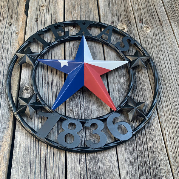 TEXAS FLAG STAR RED WHT BLUE STAR & BLACK RING METAL BARN LONE STAR WESTERN HOME DECOR HANDMADE NEW 12",18",24",36",50"