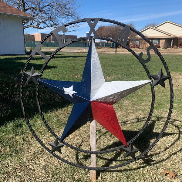 TEXAS LICENSE PLATE BARN STAR METAL LONE STAR TWISTED BLACK RING & LETTERS WESTERN HOME DECOR HANDMADE NEW