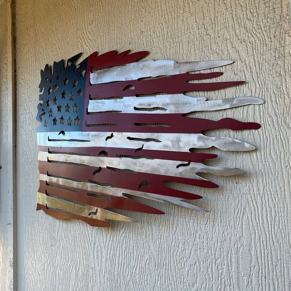 USA TATTERED AMERICAN FLAG METAL WALL ART WESTERN HOME DECOR HANDMADE NEW