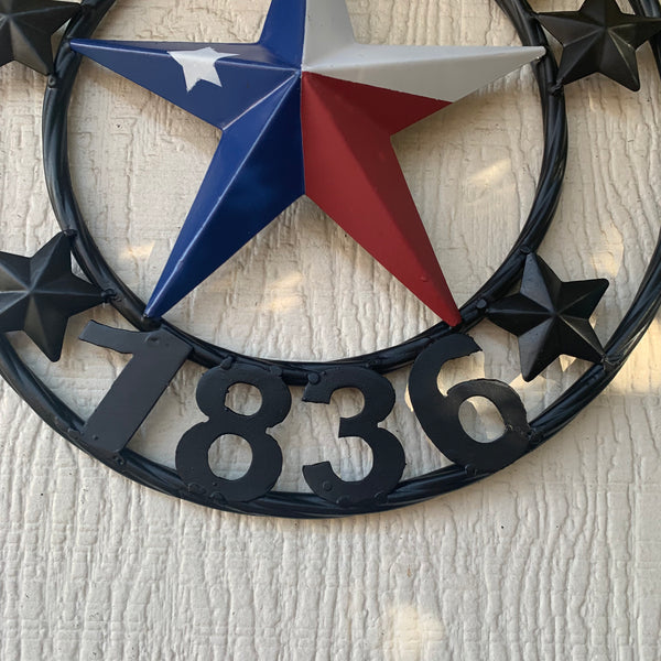 TEXAS FLAG STAR RED WHT BLUE STAR & BLACK RING METAL BARN LONE STAR WESTERN HOME DECOR HANDMADE NEW 12",18",24",36",50"