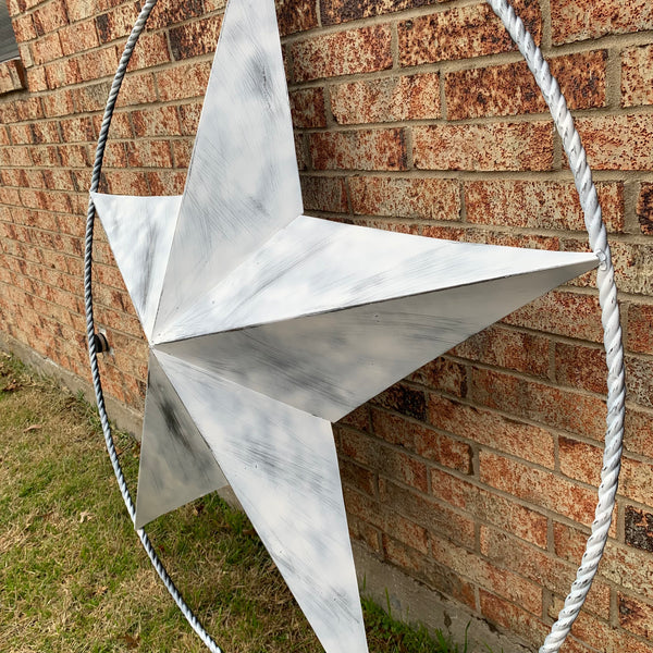 5 FOOT WHITE DISTRESSED STAR TWO TONE TEXTURE BARN STAR METAL LONESTAR TWISTED ROPE RING WESTERN HOME DECOR HANDMADE NEW