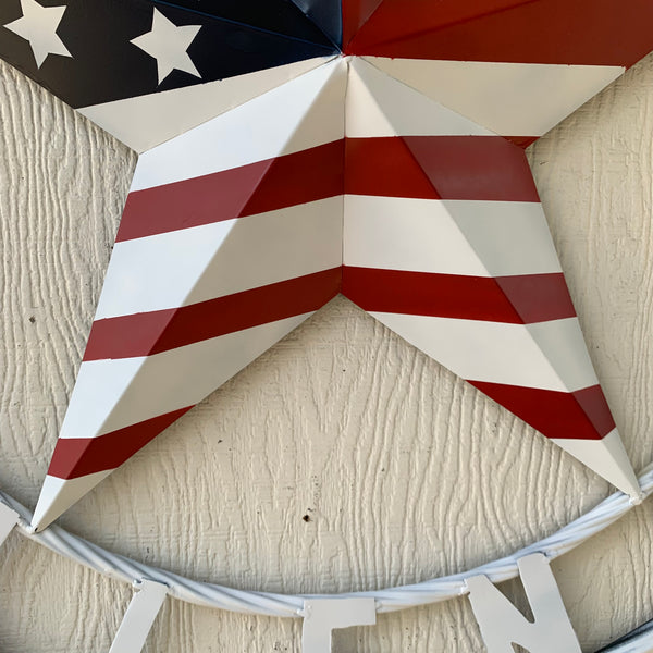 LUNA STYLE CUSTOM NAME BARN STAR METAL STAR 3d TWISTED ROPE RING WESTERN HOME DECOR USA FLAG STAR RED WHOTE & BLUE WITH WHITE RING HANDMADE 24",32",36",50"