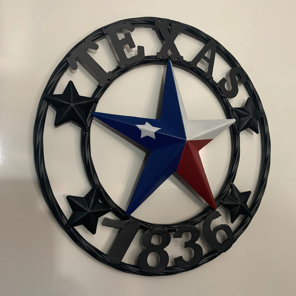 TEXAS FLAG STAR RED WHT BLUE STAR & BLACK RING METAL BARN LONE STAR WESTERN HOME DECOR HANDMADE NEW 12",18",24",36",50"