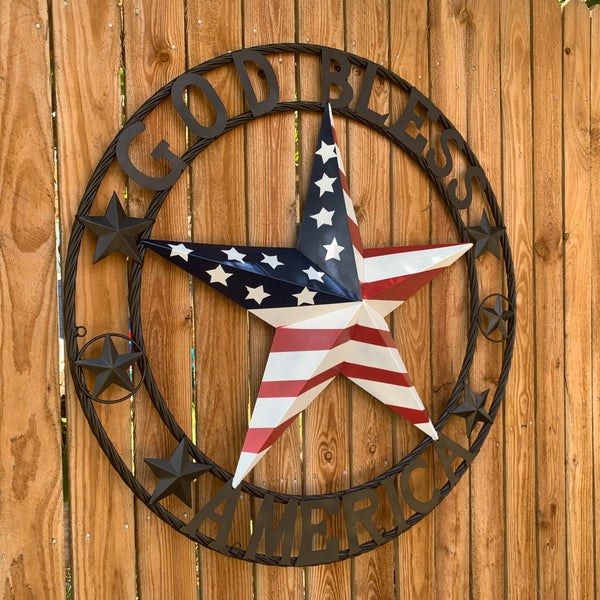 GOD BLESS AMERICA USA FLAG 3d STAR METAL BARN STAR LONE STAR TWISTED ROPE RING WALL ART WESTERN HOME DECOR RED WHITE & BLUE HANDMADE NEW #EH10490