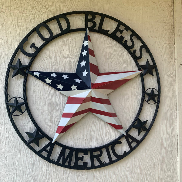 GOD BLESS AMERICA USA FLAG 3d STAR METAL BARN STAR LONE STAR TWISTED ROPE RING WALL ART WESTERN HOME DECOR RED WHITE & BLUE HANDMADE NEW #EH10490