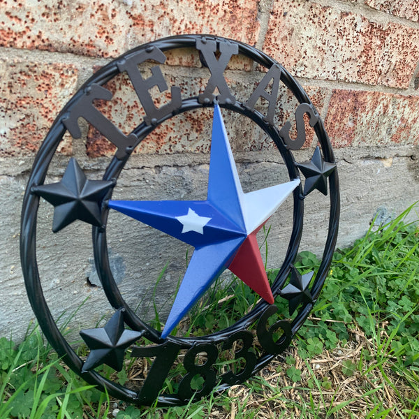 TEXAS FLAG STAR RED WHT BLUE STAR & BLACK RING METAL BARN LONE STAR WESTERN HOME DECOR HANDMADE NEW 12",18",24",36",50"