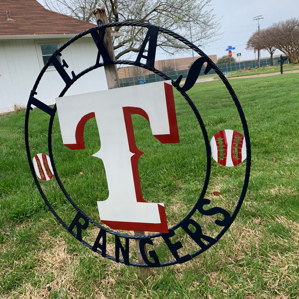 TEXAS RANGERS CUSTOM METAL VINTAGE CRAFT TEAM SIGN WHITE & RED & NAVY BLUE RING HANDMADE