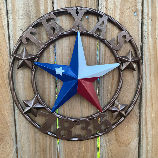TEXAS FLAG STAR RED WHT BLUE STAR & BRONZE COPPER RING 1836 TEXAS METAL BARN LONE STAR WESTERN HOME DECOR HANDMADE NEW 12",18",24",32",36",50"