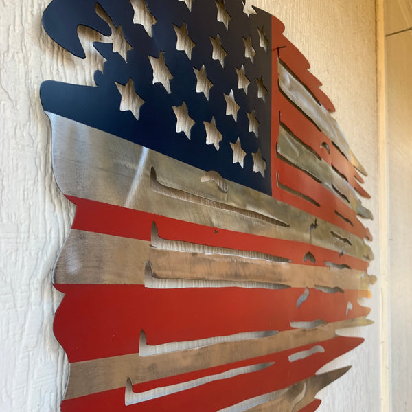 USA TATTERED AMERICAN FLAG METAL WALL ART WESTERN HOME DECOR HANDMADE NEW