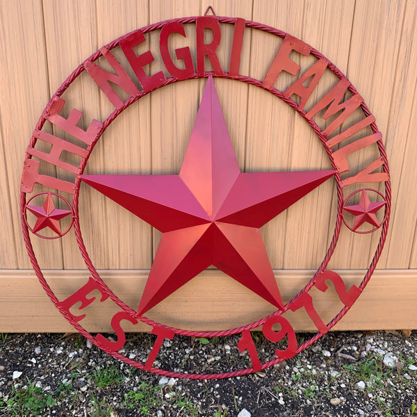 NEGRI FAMILY STYLE YOUR CUSTOM NAME STAR BARN STAR METAL LONE STAR WESTERN HOME DECOR RUSTIC BURGUNDY RED HANDMADE 24",32",36",50"