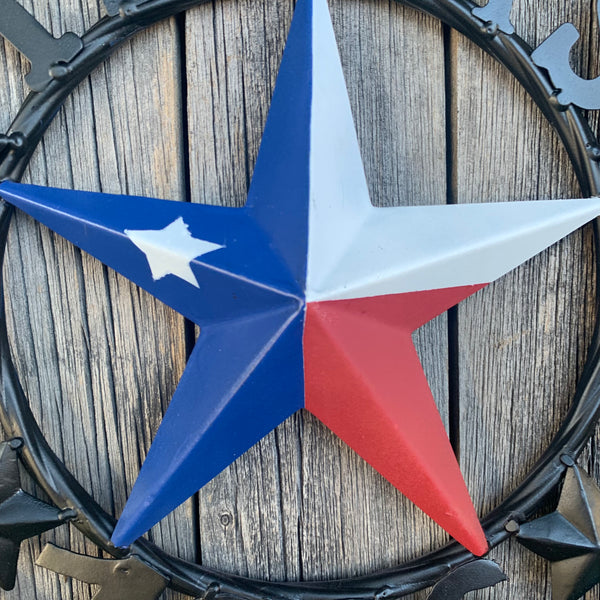 TEXAS FLAG STAR RED WHT BLUE STAR & BLACK RING METAL BARN LONE STAR WESTERN HOME DECOR HANDMADE NEW 12",18",24",36",50"