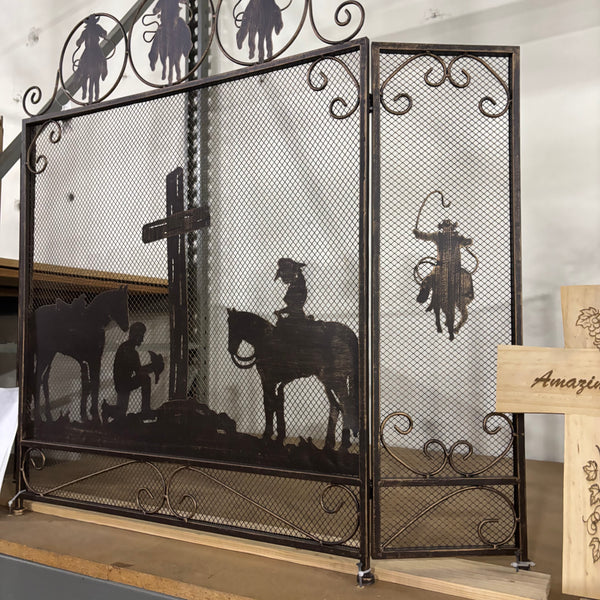 PRAYING COWBOY CHURCH METAL FIREPLACE SCREEN 39" X 34" WESTERN HOME DECOR HANDMADE #EH80004