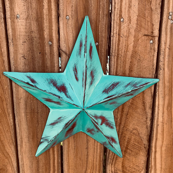 TURQUOISE DISTRESSED TWO TONE BARN STAR METAL ART WESTERN HOME DECOR HANDMADE NEW