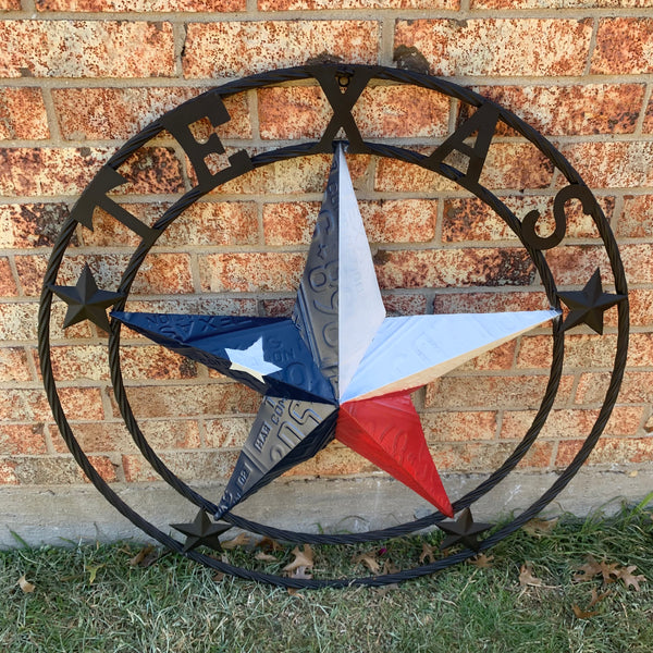 TEXAS LICENSE PLATE BARN STAR METAL LONE STAR TWISTED BLACK RING & LETTERS WESTERN HOME DECOR HANDMADE NEW