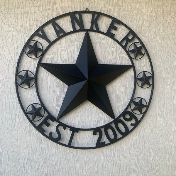 YANKER STYLE CUSTOM NAME STAR BARN METAL STAR 3d TWISTED ROPE RING WESTERN HOME DECOR RUSTIC BLACK HANDMADE 24",32",36",50"