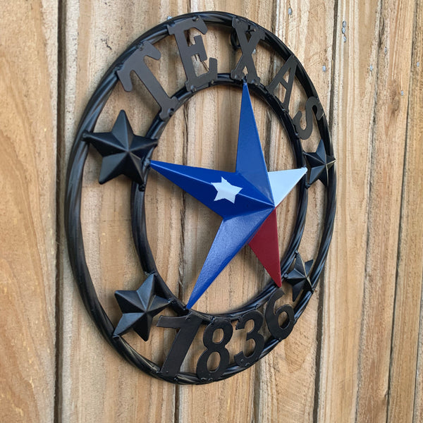 TEXAS FLAG STAR RED WHT BLUE STAR & BLACK RING METAL BARN LONE STAR WESTERN HOME DECOR HANDMADE NEW 12",18",24",36",50"