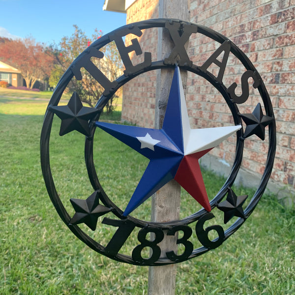 TEXAS FLAG STAR RED WHT BLUE STAR & BLACK RING METAL BARN LONE STAR WESTERN HOME DECOR HANDMADE NEW 12",18",24",36",50"