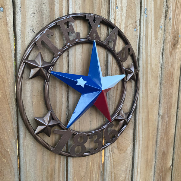TEXAS FLAG STAR RED WHT BLUE STAR & BRONZE COPPER RING 1836 TEXAS METAL BARN LONE STAR WESTERN HOME DECOR HANDMADE NEW 12",18",24",32",36",50"