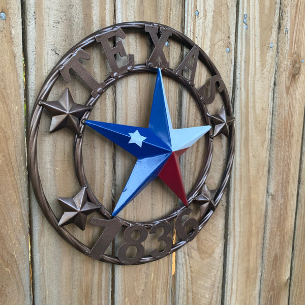 12",18",24",32",36",50" TEXAS FLAG STAR RED WHT BLUE STAR & BRONZE COPPER RING METAL BARN LONE STAR WESTERN HOME DECOR HANDMADE NEW