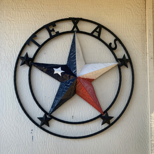 TEXAS LICENSE PLATE BARN STAR METAL LONE STAR TWISTED BLACK RING & LETTERS WESTERN HOME DECOR HANDMADE NEW