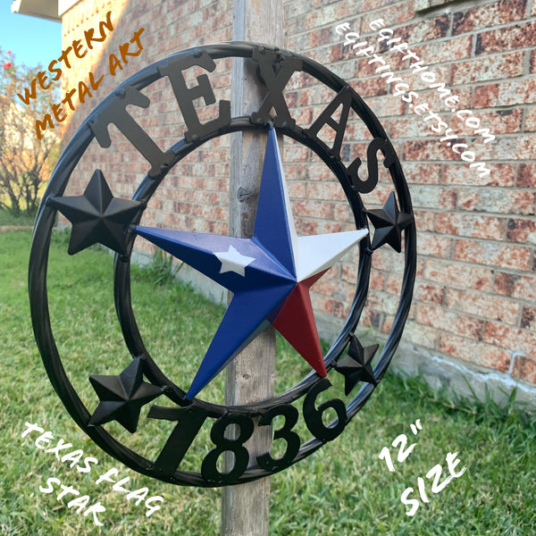 TEXAS FLAG STAR RED WHT BLUE STAR & BLACK RING METAL BARN LONE STAR WESTERN HOME DECOR HANDMADE NEW 12",18",24",36",50"