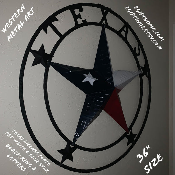 TEXAS LICENSE PLATE BARN STAR METAL LONE STAR TWISTED BLACK RING & LETTERS WESTERN HOME DECOR HANDMADE NEW