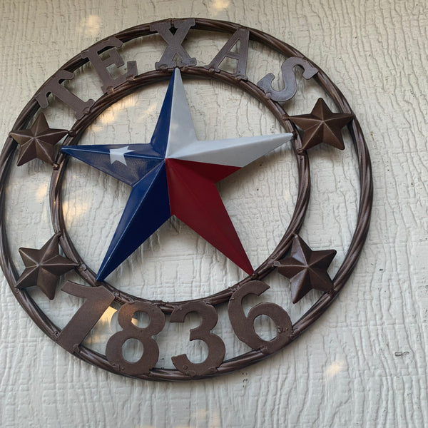 TEXAS FLAG STAR RED WHT BLUE STAR & BRONZE COPPER RING 1836 TEXAS METAL BARN LONE STAR WESTERN HOME DECOR HANDMADE NEW 12",18",24",32",36",50"