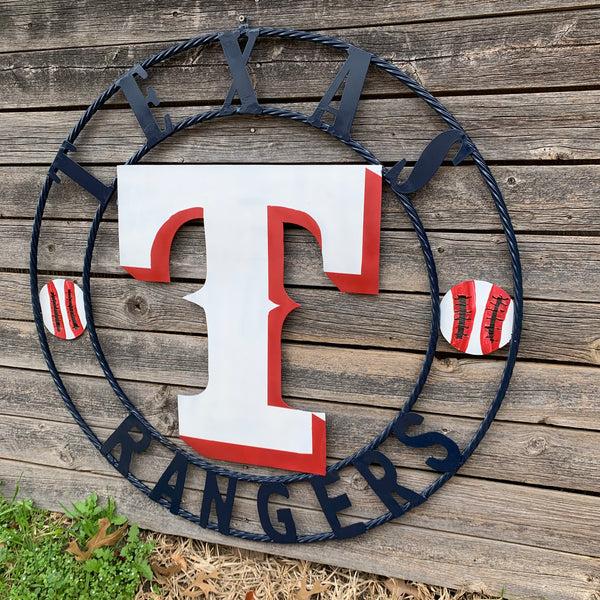 TEXAS RANGERS CUSTOM METAL VINTAGE CRAFT TEAM SIGN WHITE & RED & NAVY BLUE RING HANDMADE