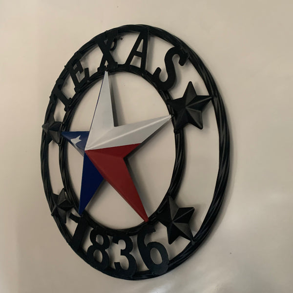 TEXAS FLAG STAR RED WHT BLUE STAR & BLACK RING METAL BARN LONE STAR WESTERN HOME DECOR HANDMADE NEW 12",18",24",36",50"