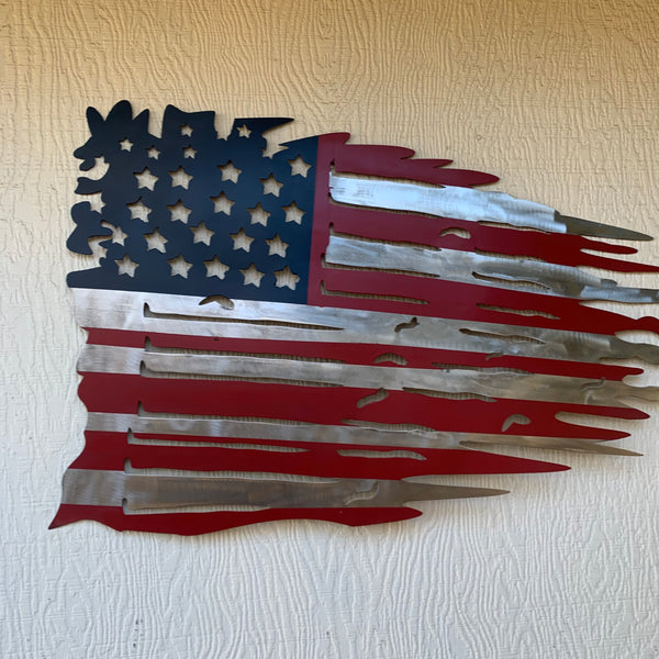 USA TATTERED AMERICAN FLAG METAL WALL ART WESTERN HOME DECOR HANDMADE NEW