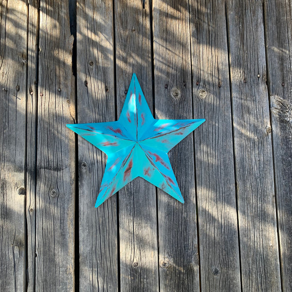 TURQUOISE DISTRESSED TWO TONE BARN STAR METAL ART WESTERN HOME DECOR HANDMADE NEW