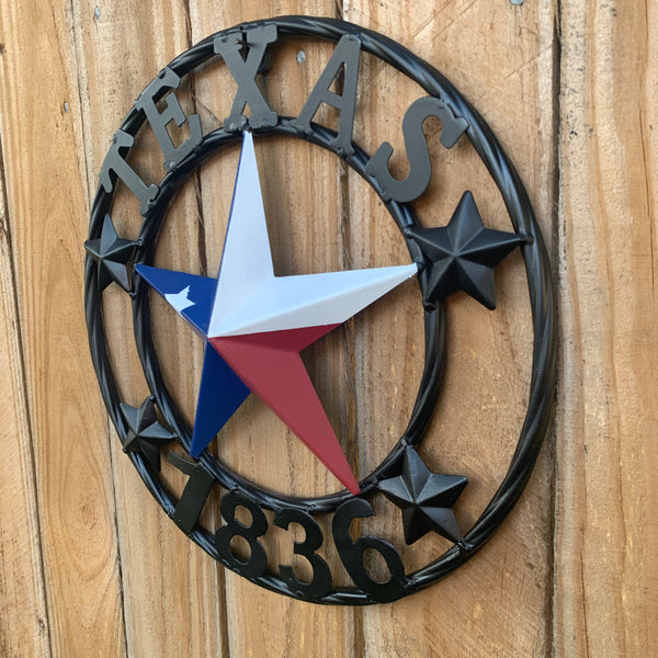 TEXAS FLAG STAR RED WHT BLUE STAR & BLACK RING METAL BARN LONE STAR WESTERN HOME DECOR HANDMADE NEW 12",18",24",36",50"