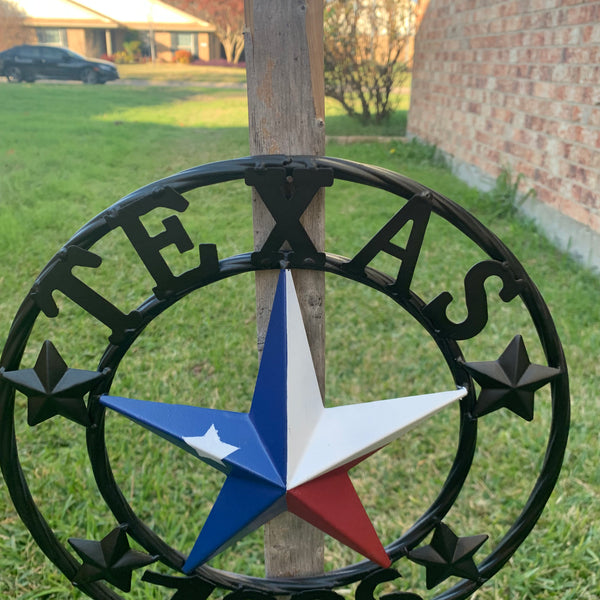 TEXAS FLAG STAR RED WHT BLUE STAR & BLACK RING METAL BARN LONE STAR WESTERN HOME DECOR HANDMADE NEW 12",18",24",36",50"