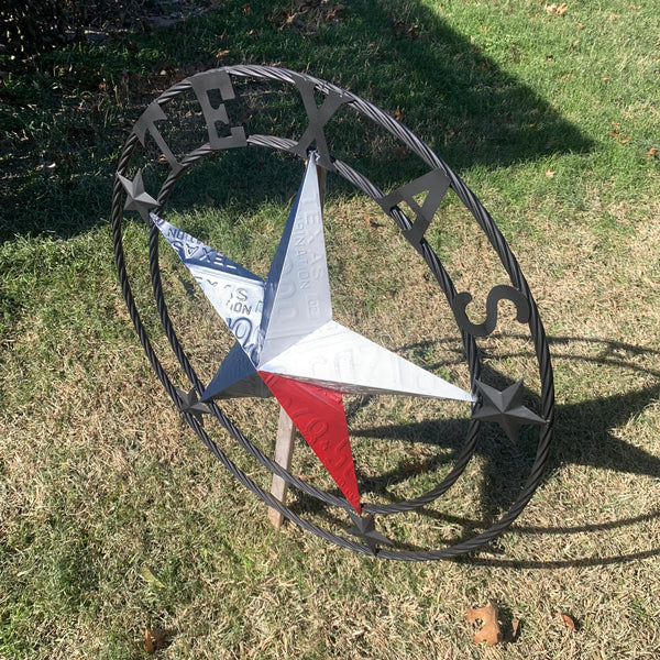 TEXAS LICENSE PLATE BARN STAR METAL LONE STAR TWISTED BLACK RING & LETTERS WESTERN HOME DECOR HANDMADE NEW