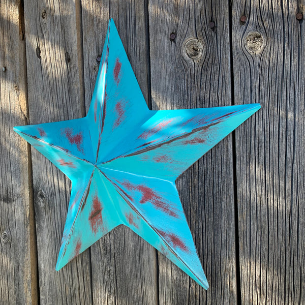 TURQUOISE DISTRESSED TWO TONE BARN STAR METAL ART WESTERN HOME DECOR HANDMADE NEW