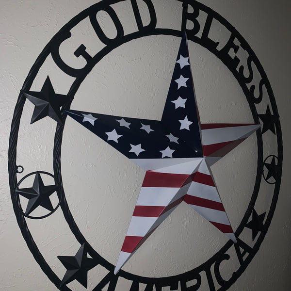 GOD BLESS AMERICA USA FLAG 3d STAR METAL BARN STAR LONE STAR TWISTED ROPE RING WALL ART WESTERN HOME DECOR RED WHITE & BLUE HANDMADE NEW #EH10490