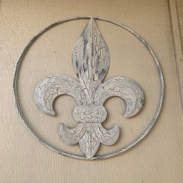 24",36" FLEUR DE LIS METAL CRACKLE WHITE WESTERN HOME DECOR HANDMADE WALL ART NEW